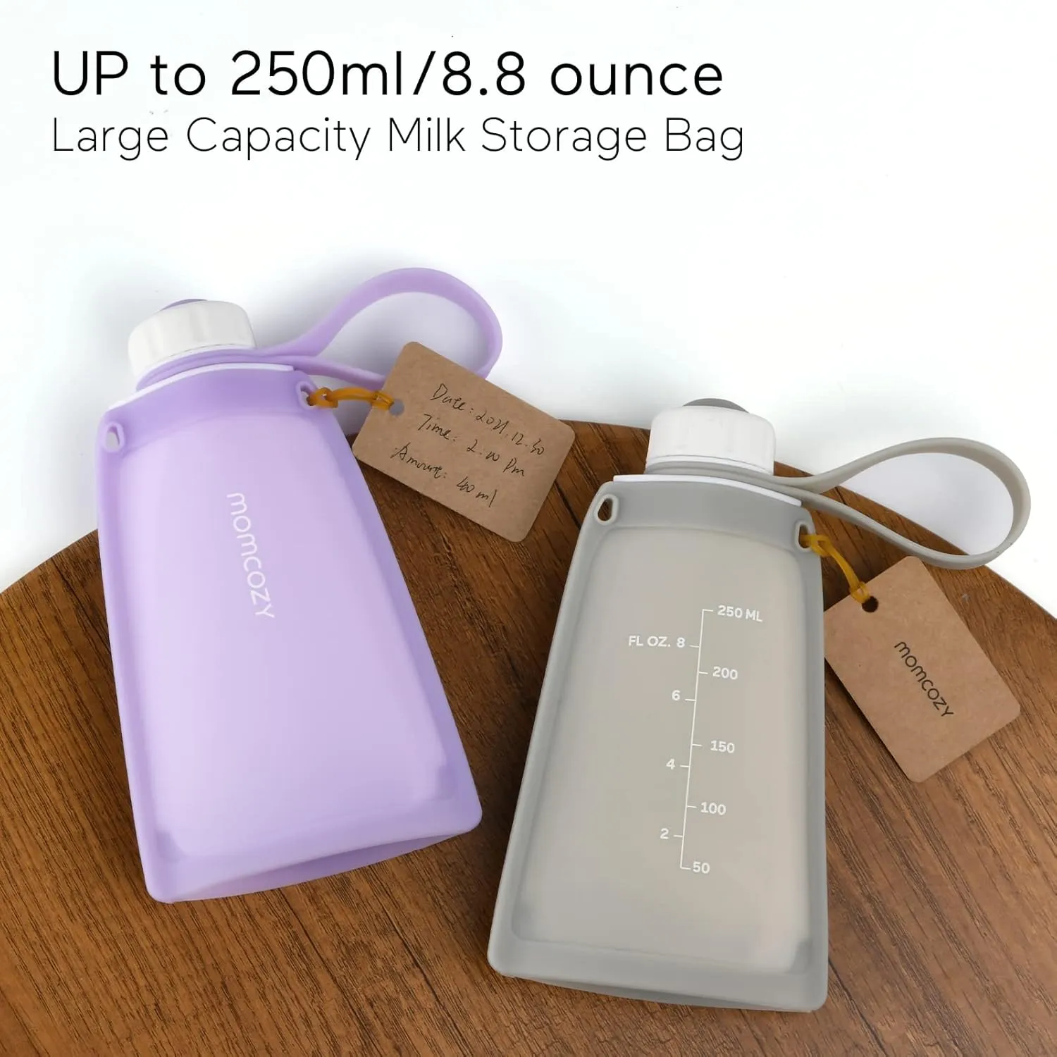 Momcozy Silicone Milk Storage Bags, Reusable Breastmilk Bags for Breastfeeding, 8.5oz/250ml Breast Milk Saver, Leakproof Milk Freezer Storing Pouches, BPA Free (Light Purple & Bean Paste Color)