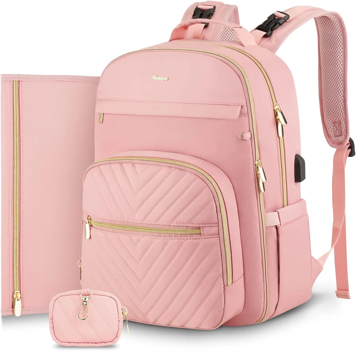 MOMUVO Diaper Bag Backpack, Quilted Baby Bag with Changing Pad & Stroller Straps & Pacifier Case, Large Travel Diaper Bags for Mom Dad, Pink