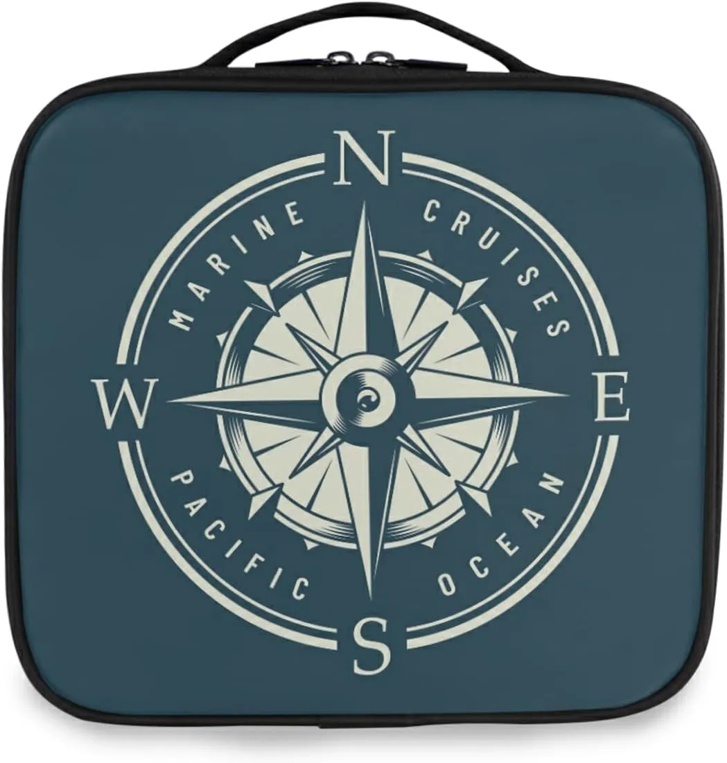 Monochrome Marine Label with Navigational Compass Design Large Women Makeup Bag, Train Toiletry Storage Case, Portable Coin Purse Holder Zipper Pouch Travel Cosmetic Organizer for Women and Girls