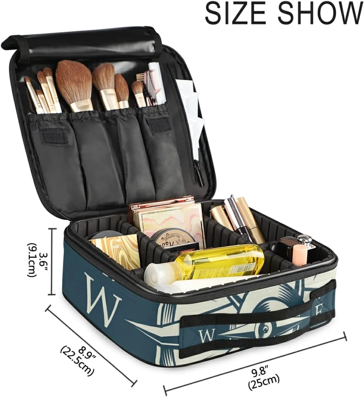 Monochrome Marine Label with Navigational Compass Design Large Women Makeup Bag, Train Toiletry Storage Case, Portable Coin Purse Holder Zipper Pouch Travel Cosmetic Organizer for Women and Girls