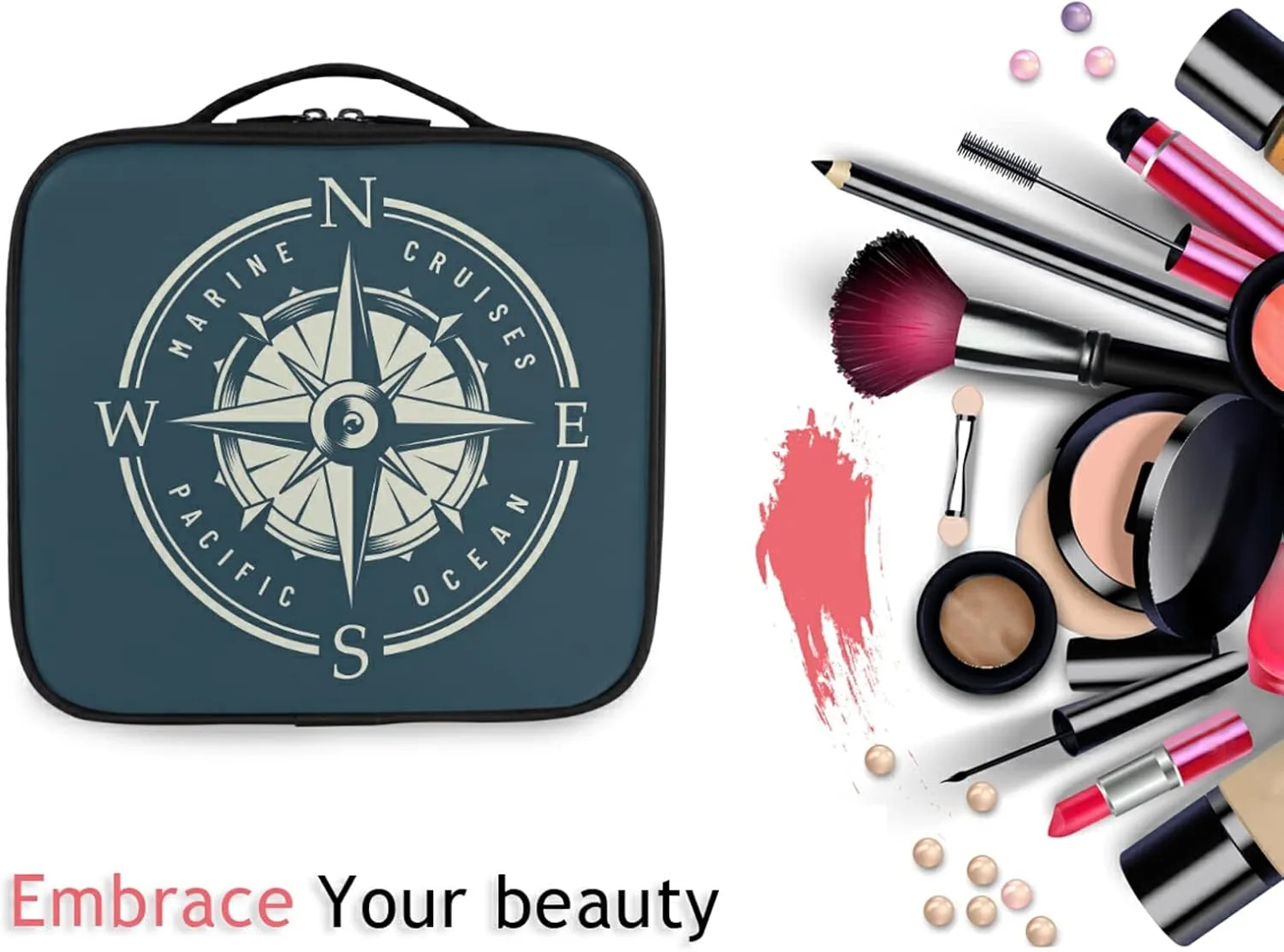 Monochrome Marine Label with Navigational Compass Design Large Women Makeup Bag, Train Toiletry Storage Case, Portable Coin Purse Holder Zipper Pouch Travel Cosmetic Organizer for Women and Girls