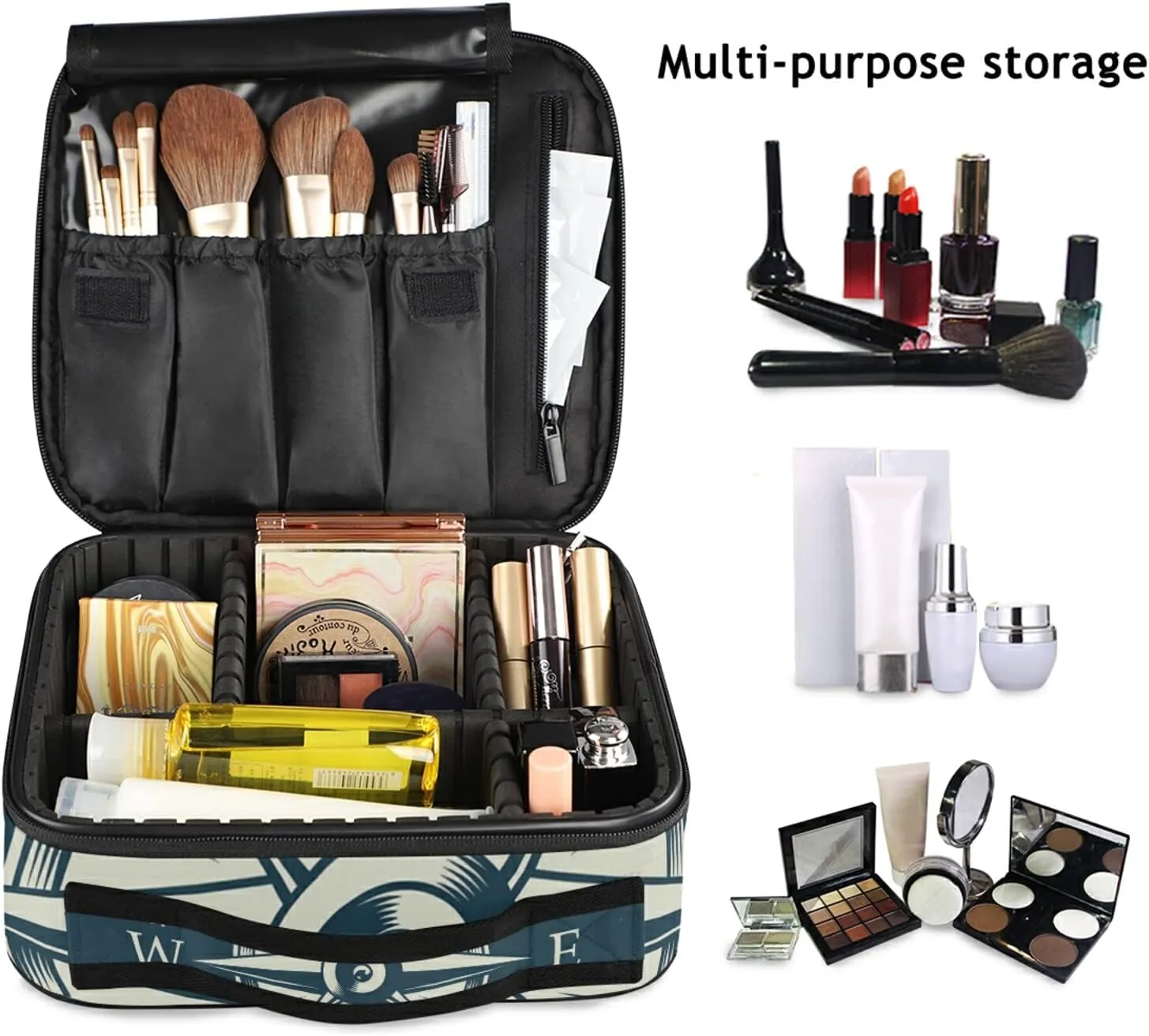 Monochrome Marine Label with Navigational Compass Design Large Women Makeup Bag, Train Toiletry Storage Case, Portable Coin Purse Holder Zipper Pouch Travel Cosmetic Organizer for Women and Girls