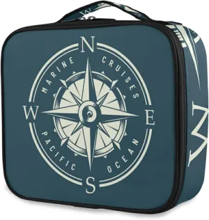 Monochrome Marine Label with Navigational Compass Design Large Women Makeup Bag, Train Toiletry Storage Case, Portable Coin Purse Holder Zipper Pouch Travel Cosmetic Organizer for Women and Girls