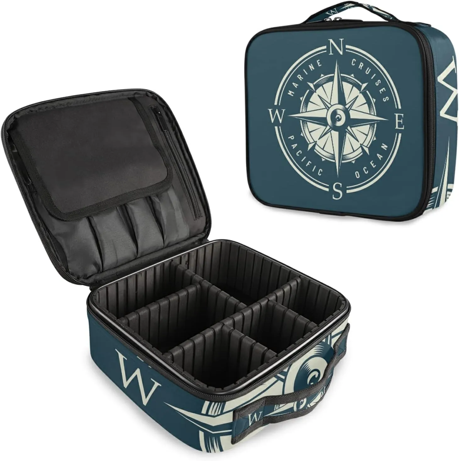 Monochrome Marine Label with Navigational Compass Design Large Women Makeup Bag, Train Toiletry Storage Case, Portable Coin Purse Holder Zipper Pouch Travel Cosmetic Organizer for Women and Girls