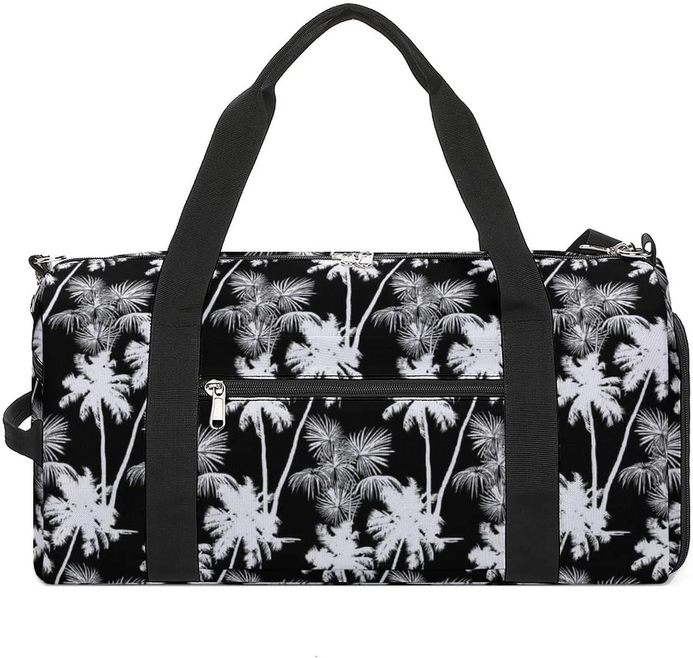 Monochrome Tropical Pattern of Palms Trees Water Resistant Gym Bag with Shoe Compartment, Travel Duffel Tote Bag Weekender Overnight Bag for Women Men