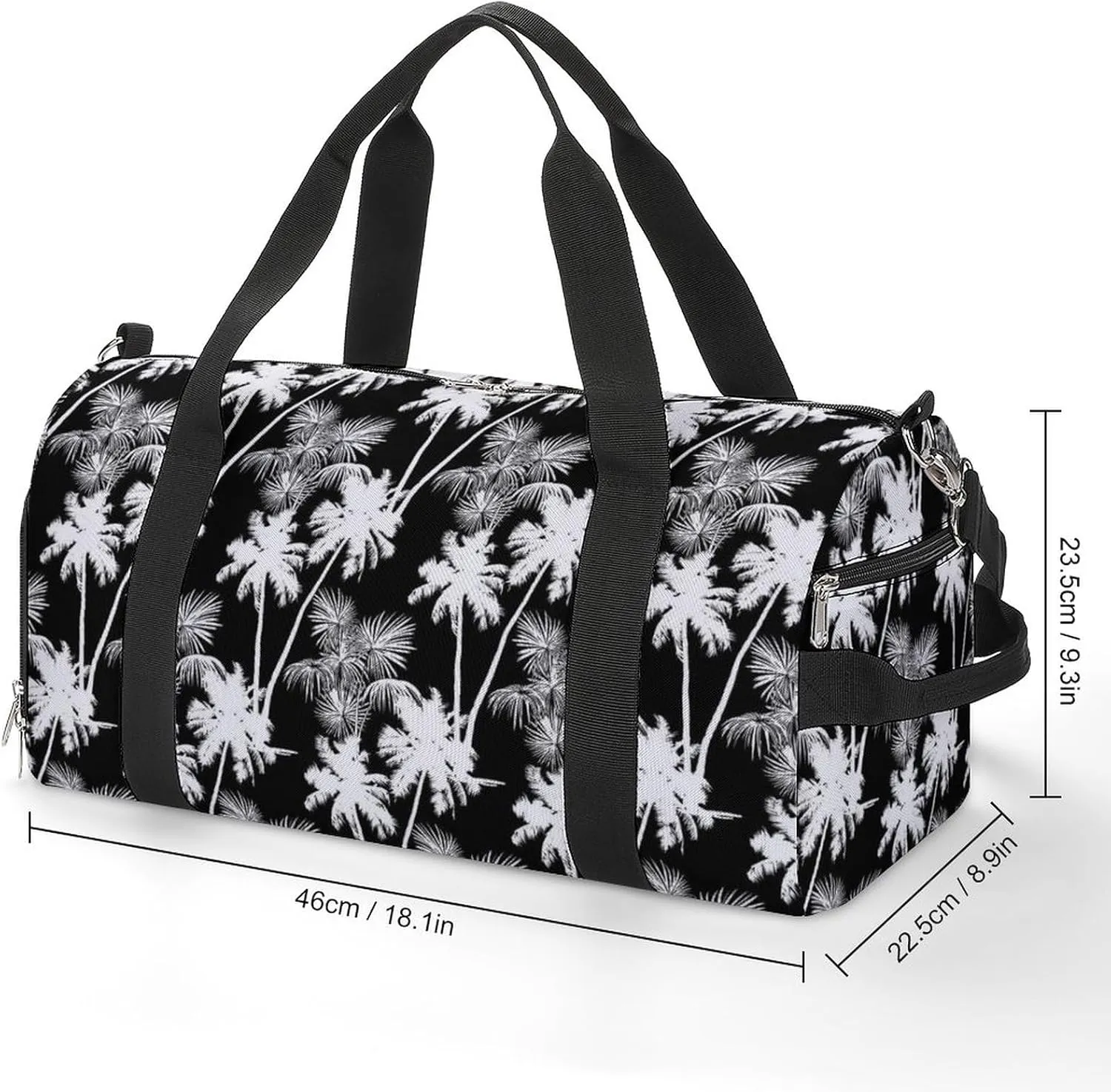 Monochrome Tropical Pattern of Palms Trees Water Resistant Gym Bag with Shoe Compartment, Travel Duffel Tote Bag Weekender Overnight Bag for Women Men