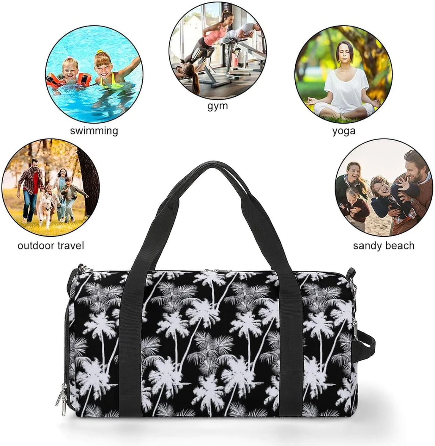 Monochrome Tropical Pattern of Palms Trees Water Resistant Gym Bag with Shoe Compartment, Travel Duffel Tote Bag Weekender Overnight Bag for Women Men