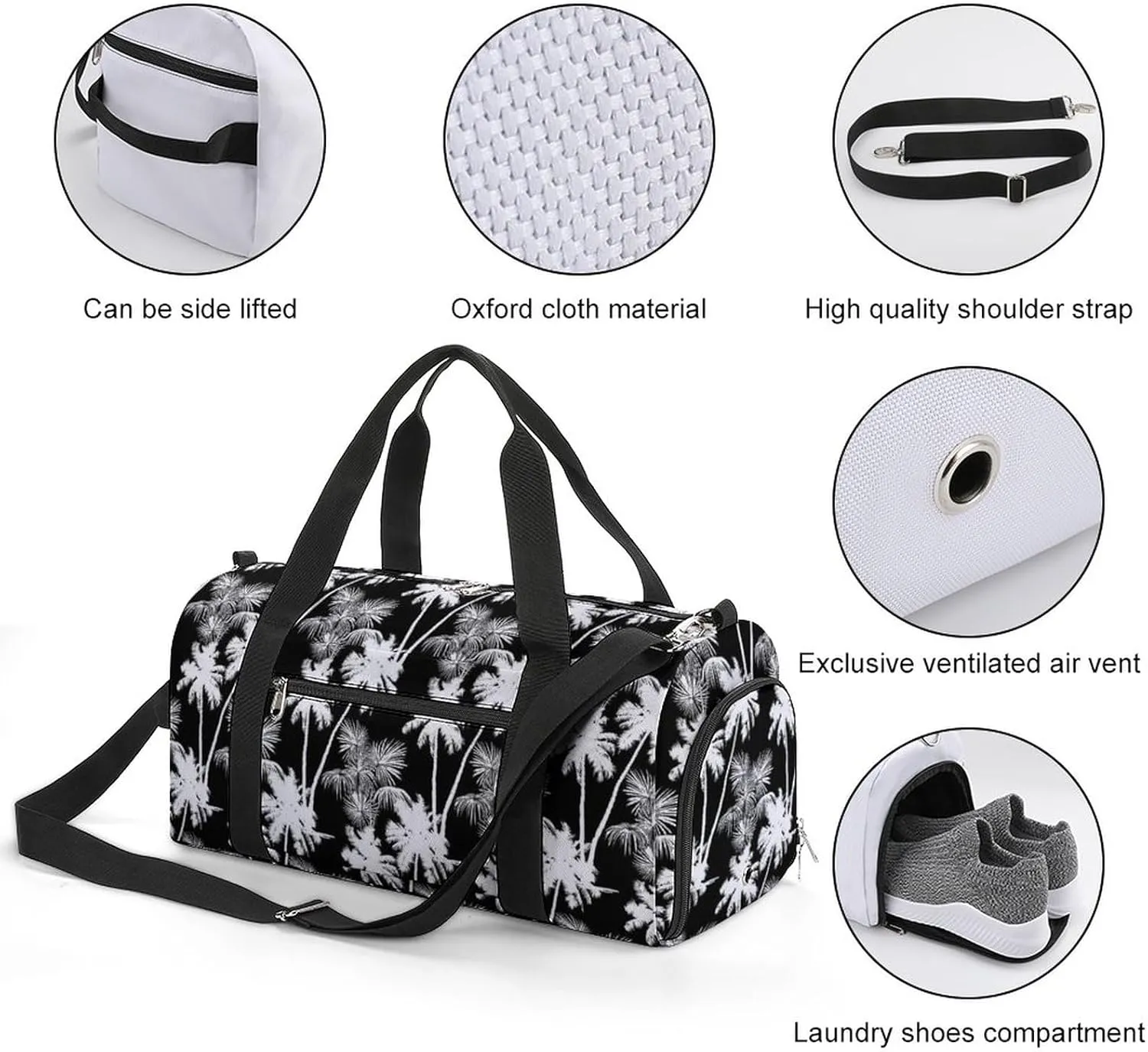 Monochrome Tropical Pattern of Palms Trees Water Resistant Gym Bag with Shoe Compartment, Travel Duffel Tote Bag Weekender Overnight Bag for Women Men