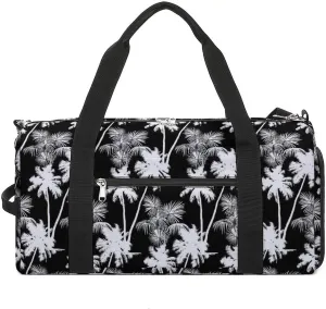 Monochrome Tropical Pattern of Palms Trees Water Resistant Gym Bag with Shoe Compartment, Travel Duffel Tote Bag Weekender Overnight Bag for Women Men