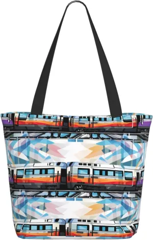 Monorail Train Tote Bag for Women Large Shoulder Bag with Zipper Travel Handbag with Pockets Reusable Shopping Bag Casual Aesthetic Beach Bags