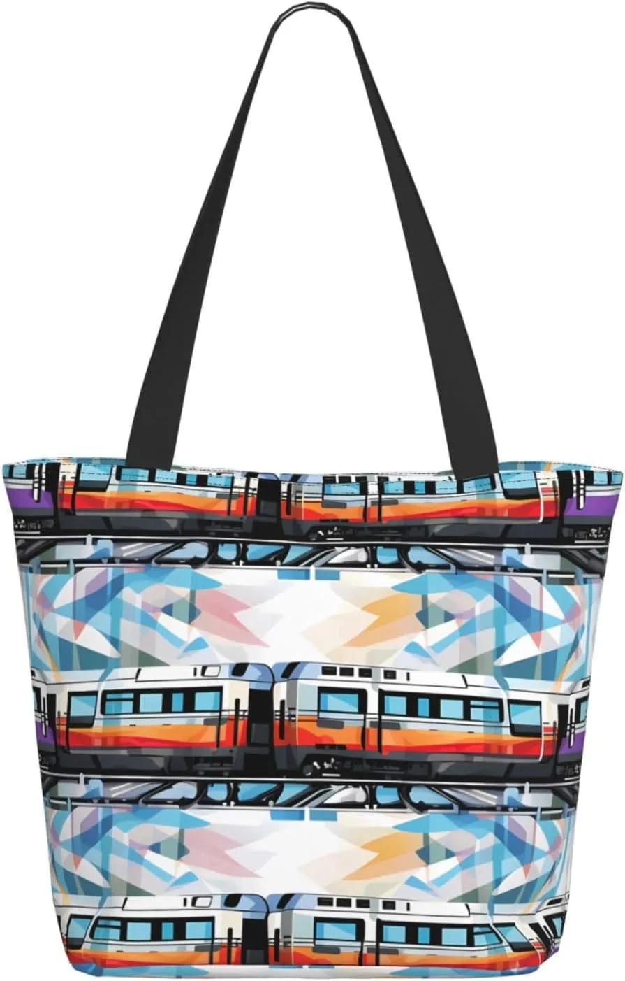 Monorail Train Tote Bag for Women Large Shoulder Bag with Zipper Travel Handbag with Pockets Reusable Shopping Bag Casual Aesthetic Beach Bags