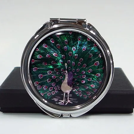 Mother of Pearl MOP Peacock Design Vanity Purse Handbag Double Compact Cosmetic Mirror