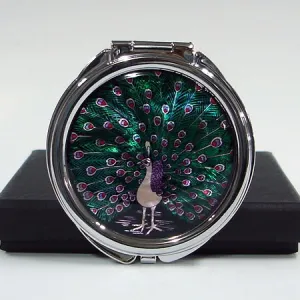 Mother of Pearl MOP Peacock Design Vanity Purse Handbag Double Compact Cosmetic Mirror