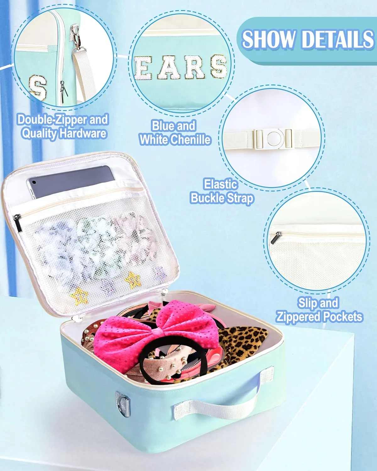 Mouse Ears Travel Case Multipocket Large Chenille Letter Mouse Ears Headband Holder with Shoulder Strap 11"x11"x4.5"