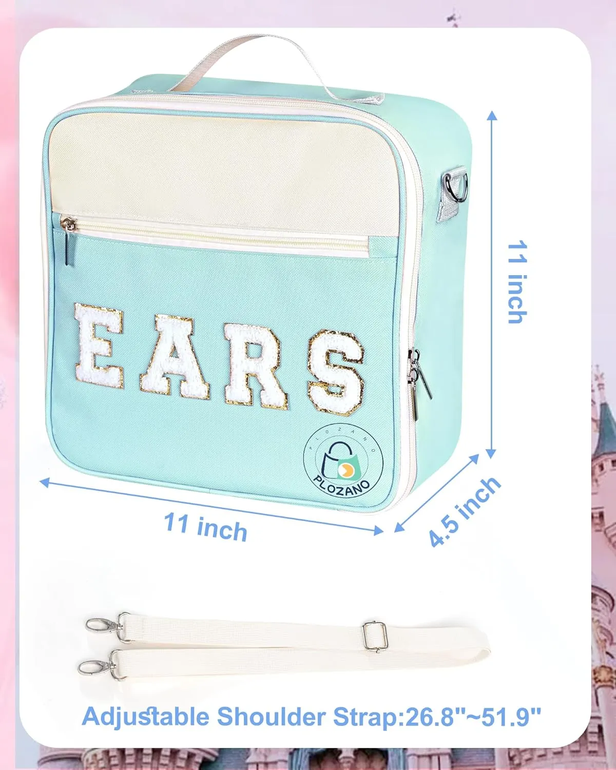 Mouse Ears Travel Case Multipocket Large Chenille Letter Mouse Ears Headband Holder with Shoulder Strap 11"x11"x4.5"