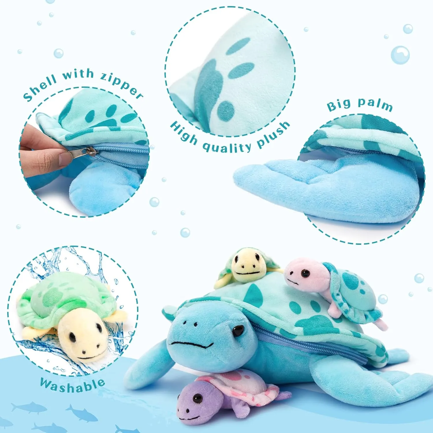 Muiteiur Sea Turtle Stuffed Animal, Soft Mommy Turtle Plush Toy with 3 Babies, Blue Stuffed Marine Life for Kids Girl Boy(Blue)
