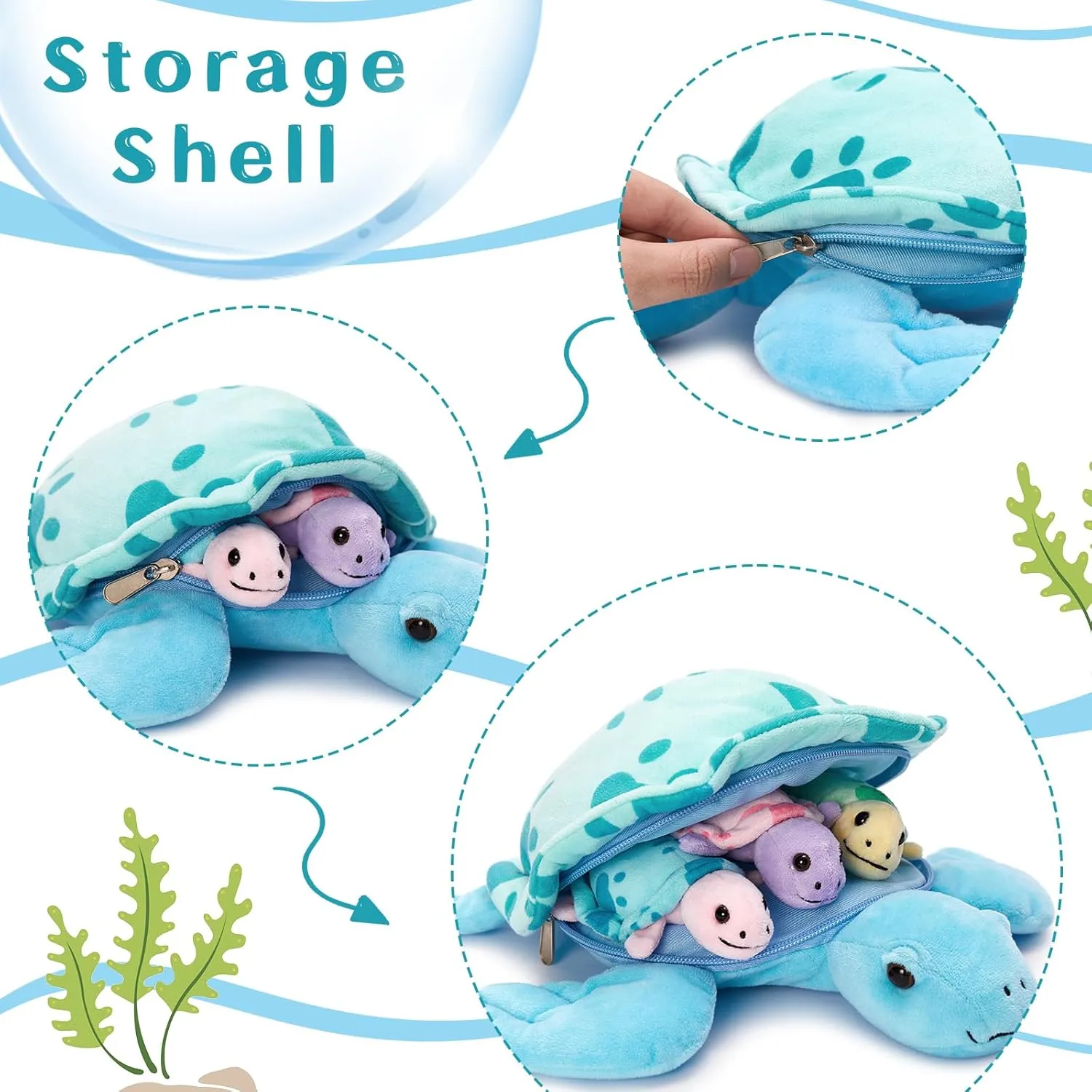 Muiteiur Sea Turtle Stuffed Animal, Soft Mommy Turtle Plush Toy with 3 Babies, Blue Stuffed Marine Life for Kids Girl Boy(Blue)