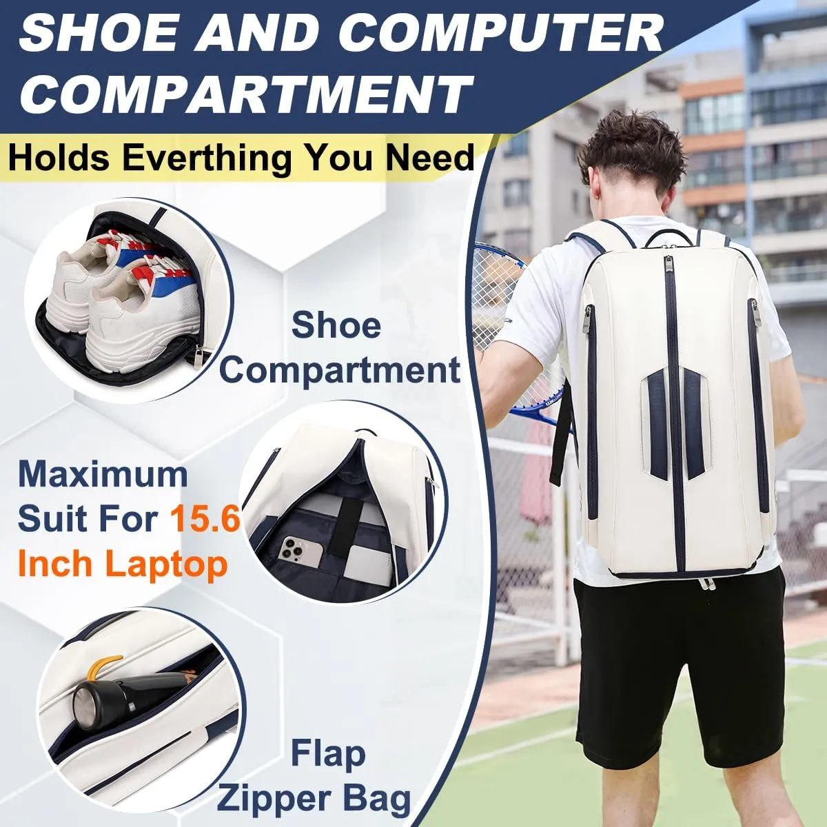 Multi-Use Beach Tennis Bag For Sport Convertible Padel Backpack With Shoe Compartment, Laptop Sleeve,Fence Hook,Ball Sleeve