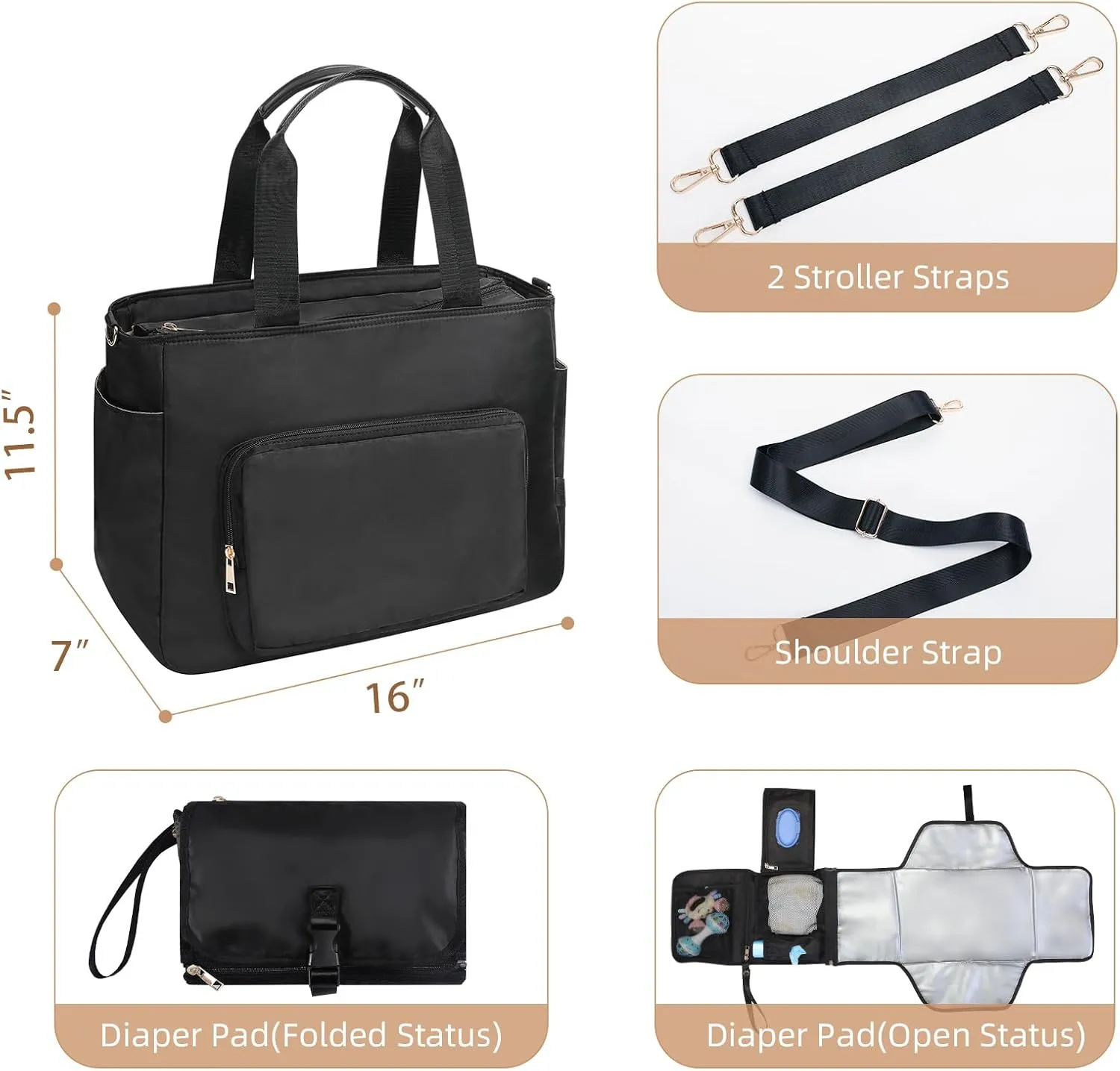 Multifunction Diaper Bag Tote with Portable Changing Pad Breast Pump Bag with 15 Inch Laptop Sleeve Work Bag
