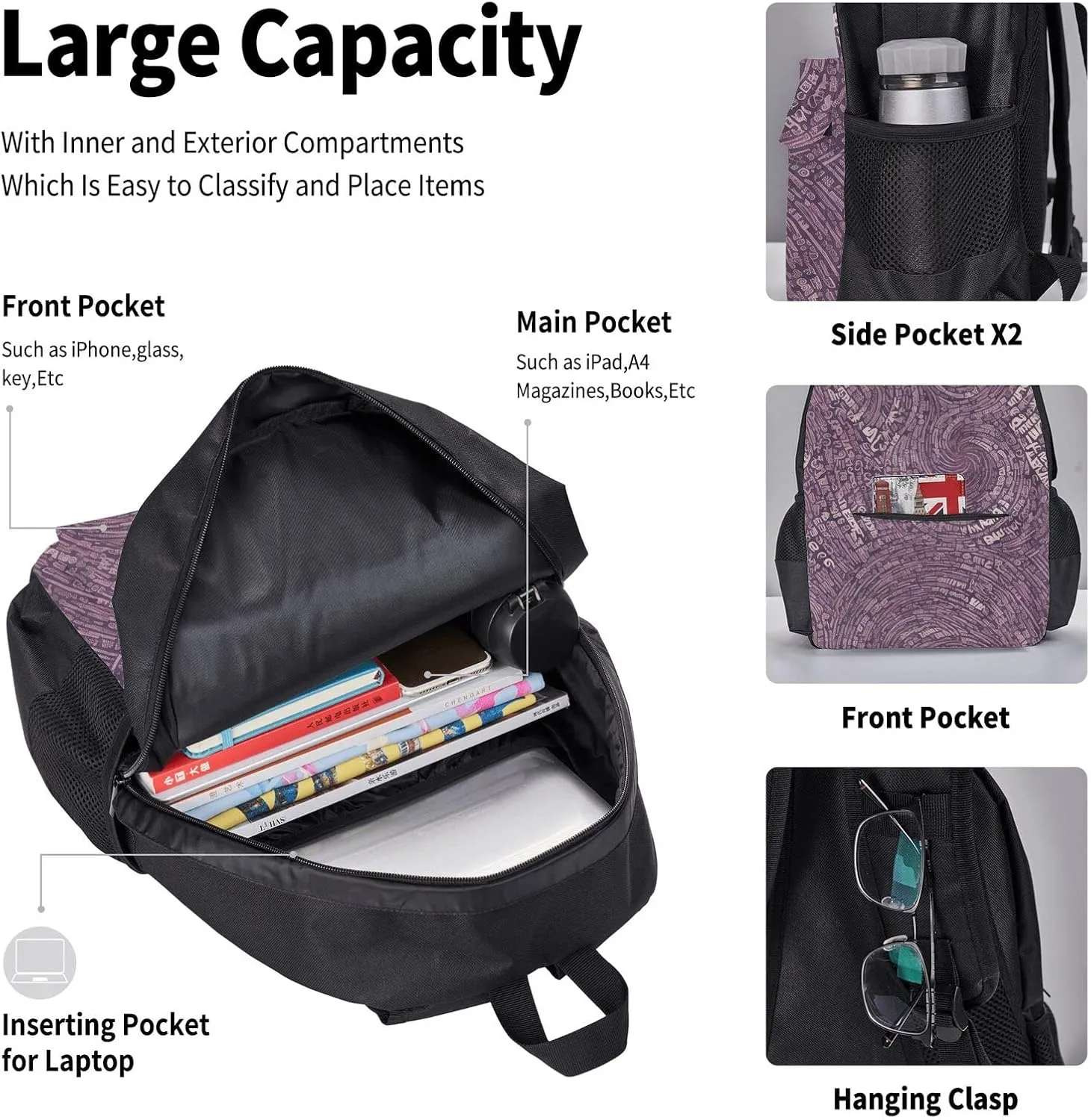 Musical Notation Print Patterns Three-Piece Backpack Set With Pocket Backpack Cross-Body Lunch Bag Pen Bag For Travel Daypack