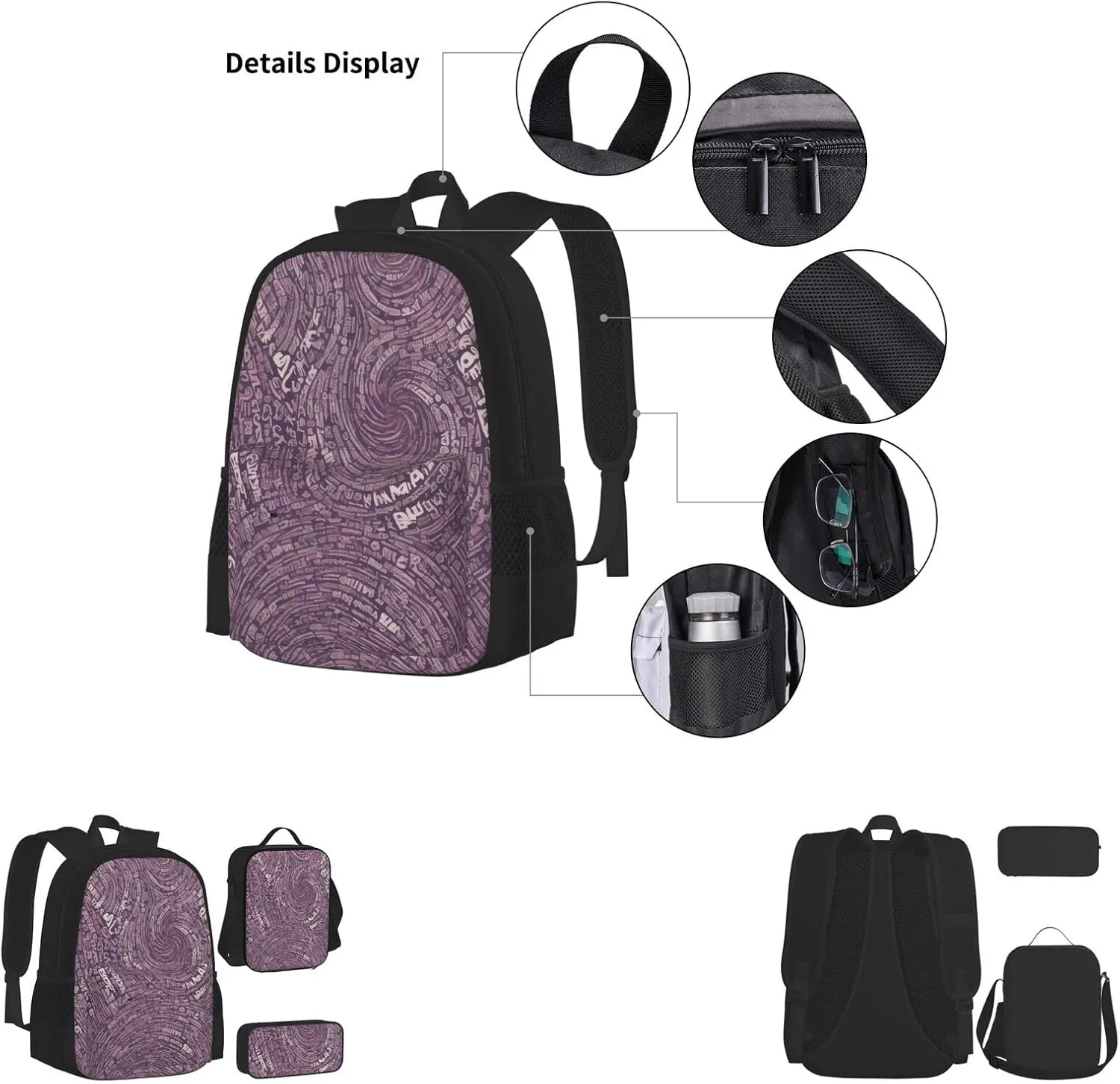 Musical Notation Print Patterns Three-Piece Backpack Set With Pocket Backpack Cross-Body Lunch Bag Pen Bag For Travel Daypack