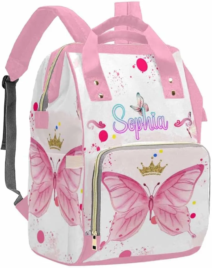 MyPupSocks Customized Butterfly Diaper Bag, Personalized Butterfly Backpack with Name Mummy Nappy Baby Bag Shoulders Casual Daypack Daycare Travel Bag for Boys Girls