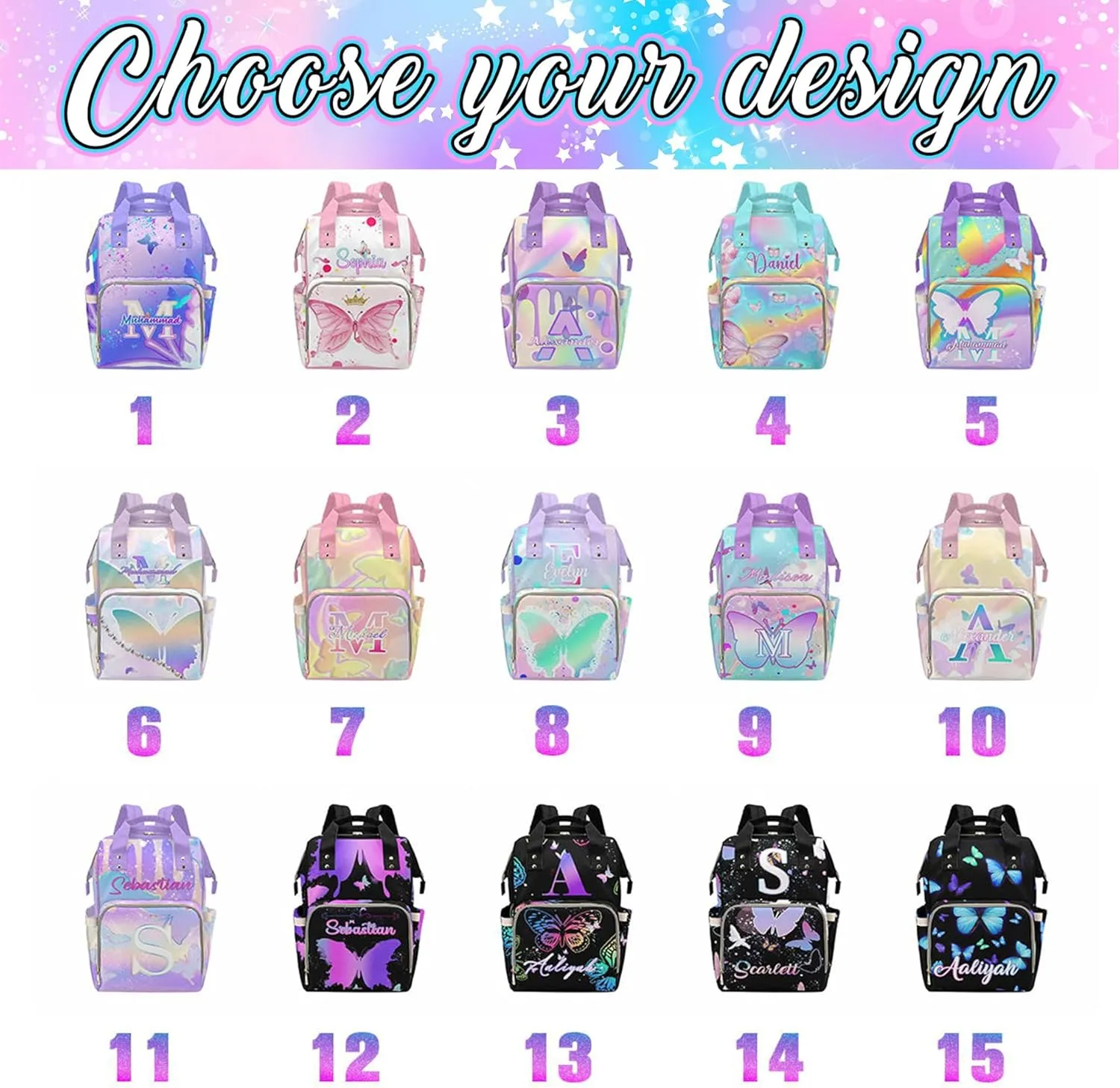 MyPupSocks Customized Butterfly Diaper Bag, Personalized Butterfly Backpack with Name Mummy Nappy Baby Bag Shoulders Casual Daypack Daycare Travel Bag for Boys Girls