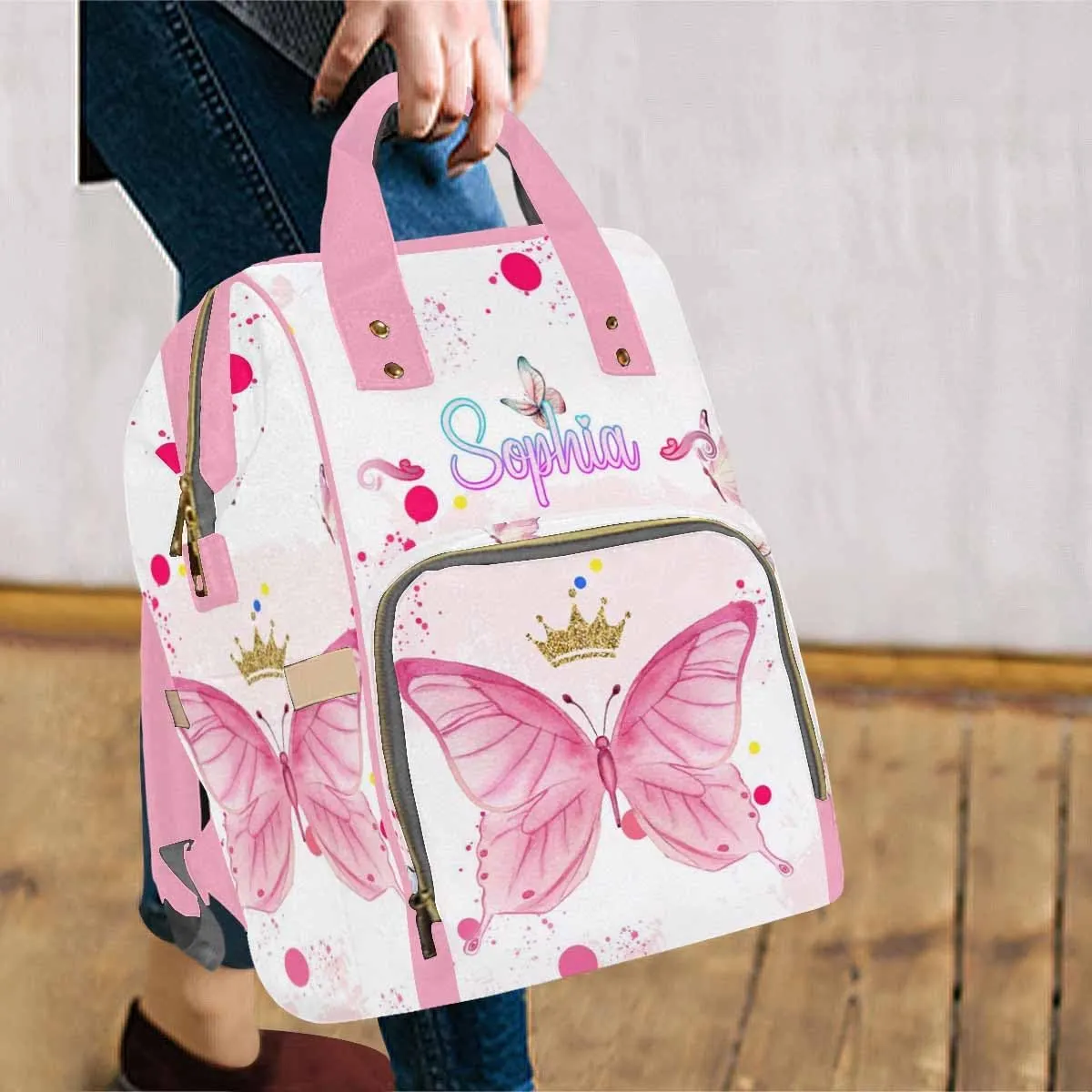 MyPupSocks Customized Butterfly Diaper Bag, Personalized Butterfly Backpack with Name Mummy Nappy Baby Bag Shoulders Casual Daypack Daycare Travel Bag for Boys Girls