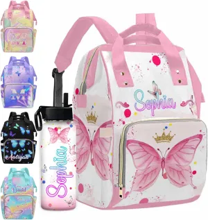 MyPupSocks Customized Butterfly Diaper Bag, Personalized Butterfly Backpack with Name Mummy Nappy Baby Bag Shoulders Casual Daypack Daycare Travel Bag for Boys Girls
