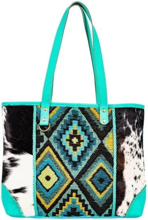 Myra Bag Tote Bag for Women - Western Upcycled Canvas Hairon and Leather Shoulder Bag Turquoise, S-8900