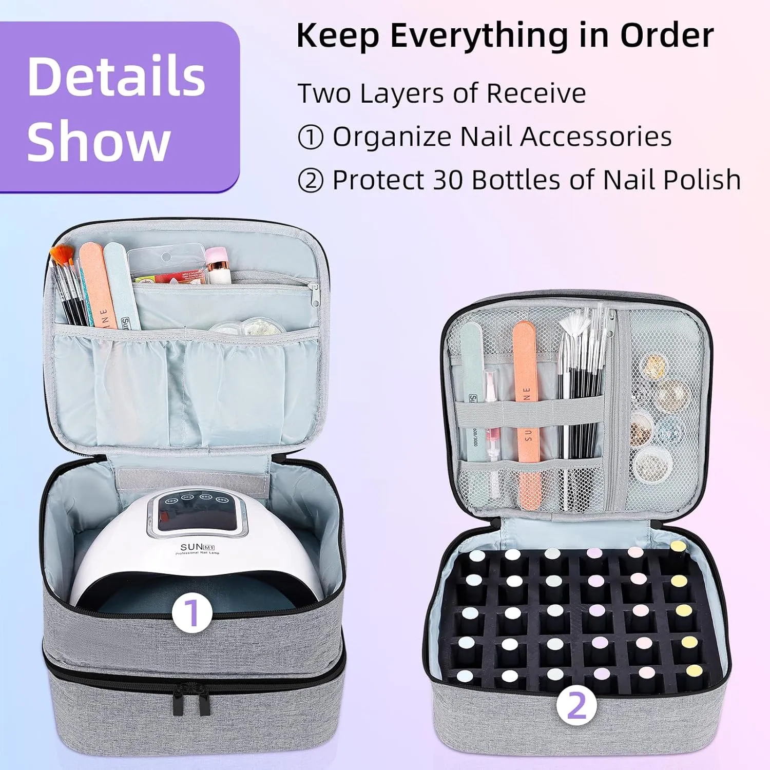 Nail Polish Organizer Double layer Nail Polish Case for Nail Dryer Lamp Holds 30 Bottles (15ml - 0.5 fl.oz) Portable Nail Storage Organizer for Nail Tech (Gray)