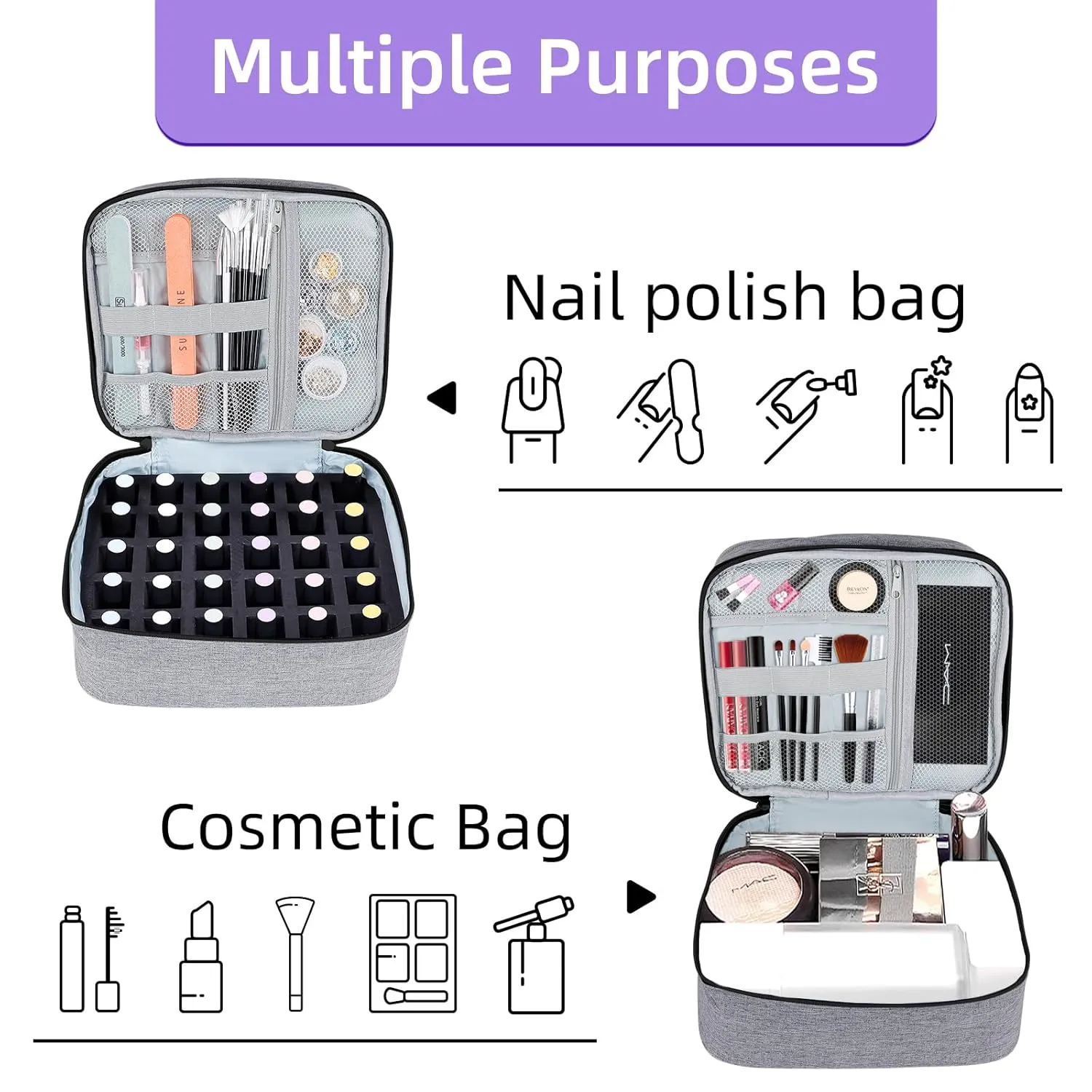 Nail Polish Organizer Double layer Nail Polish Case for Nail Dryer Lamp Holds 30 Bottles (15ml - 0.5 fl.oz) Portable Nail Storage Organizer for Nail Tech (Gray)