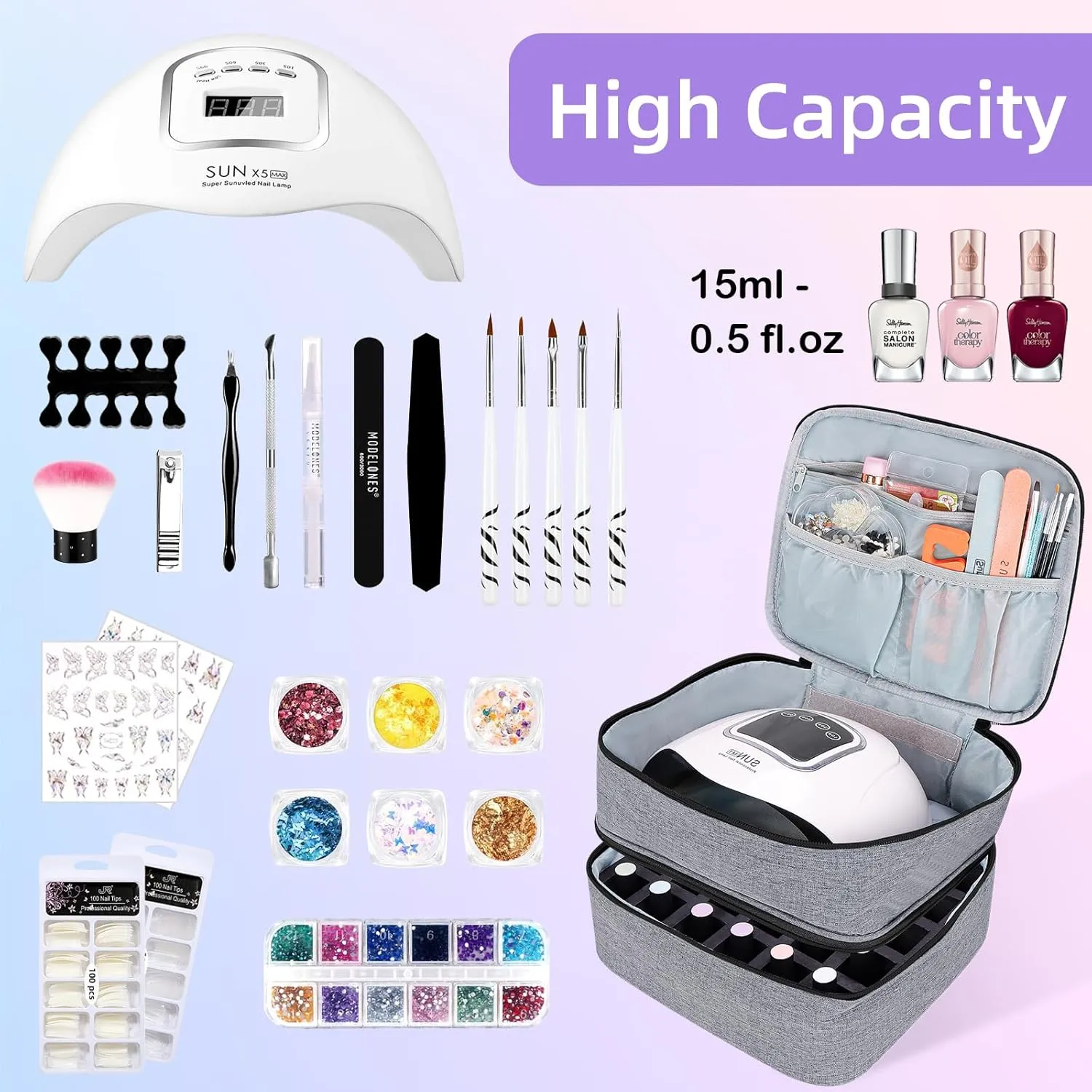 Nail Polish Organizer Double layer Nail Polish Case for Nail Dryer Lamp Holds 30 Bottles (15ml - 0.5 fl.oz) Portable Nail Storage Organizer for Nail Tech (Gray)