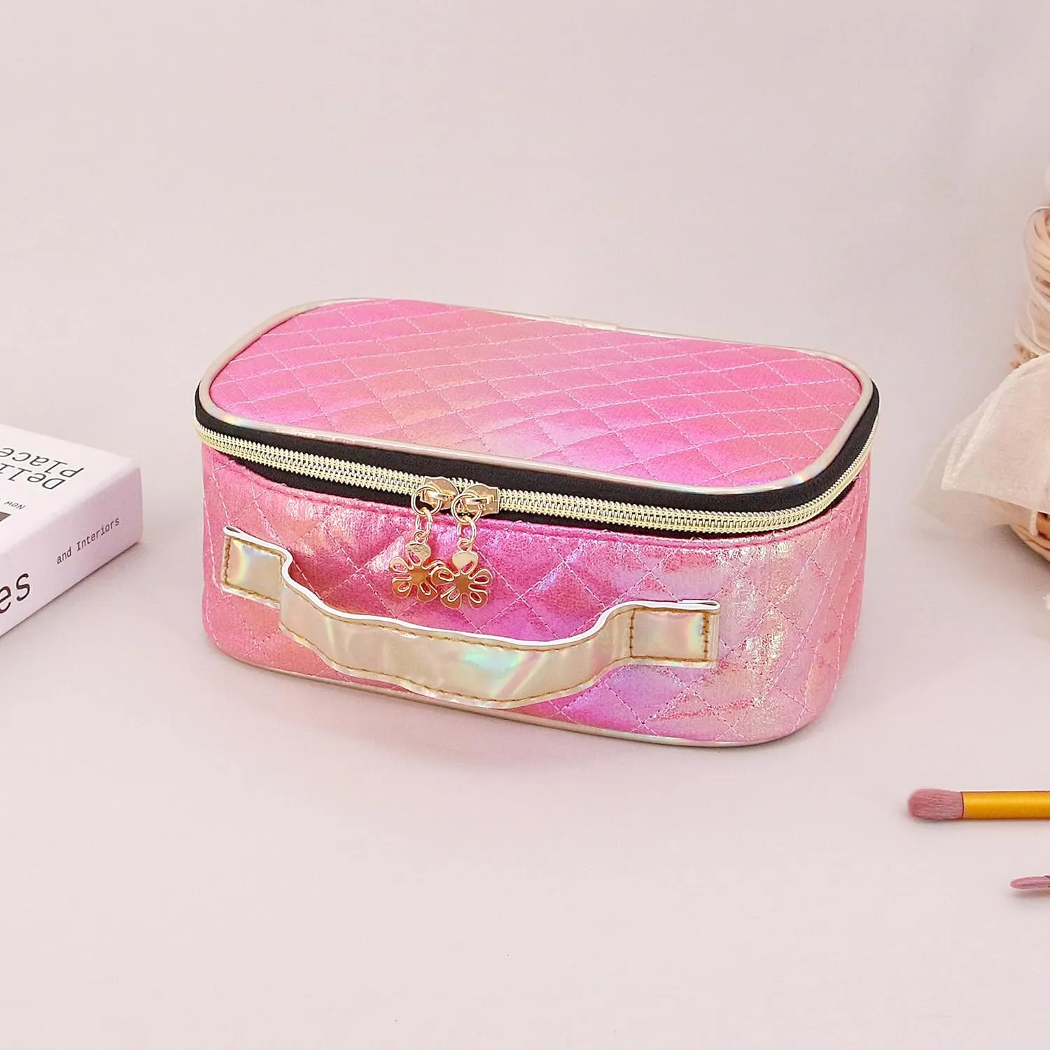 Naimo Metallic Cosmetic Bag Large Capacity Storage Bag Portable Travel Toiletry Bag Zipper Organizer Shiny Holographic Makeup Bag with Handle
