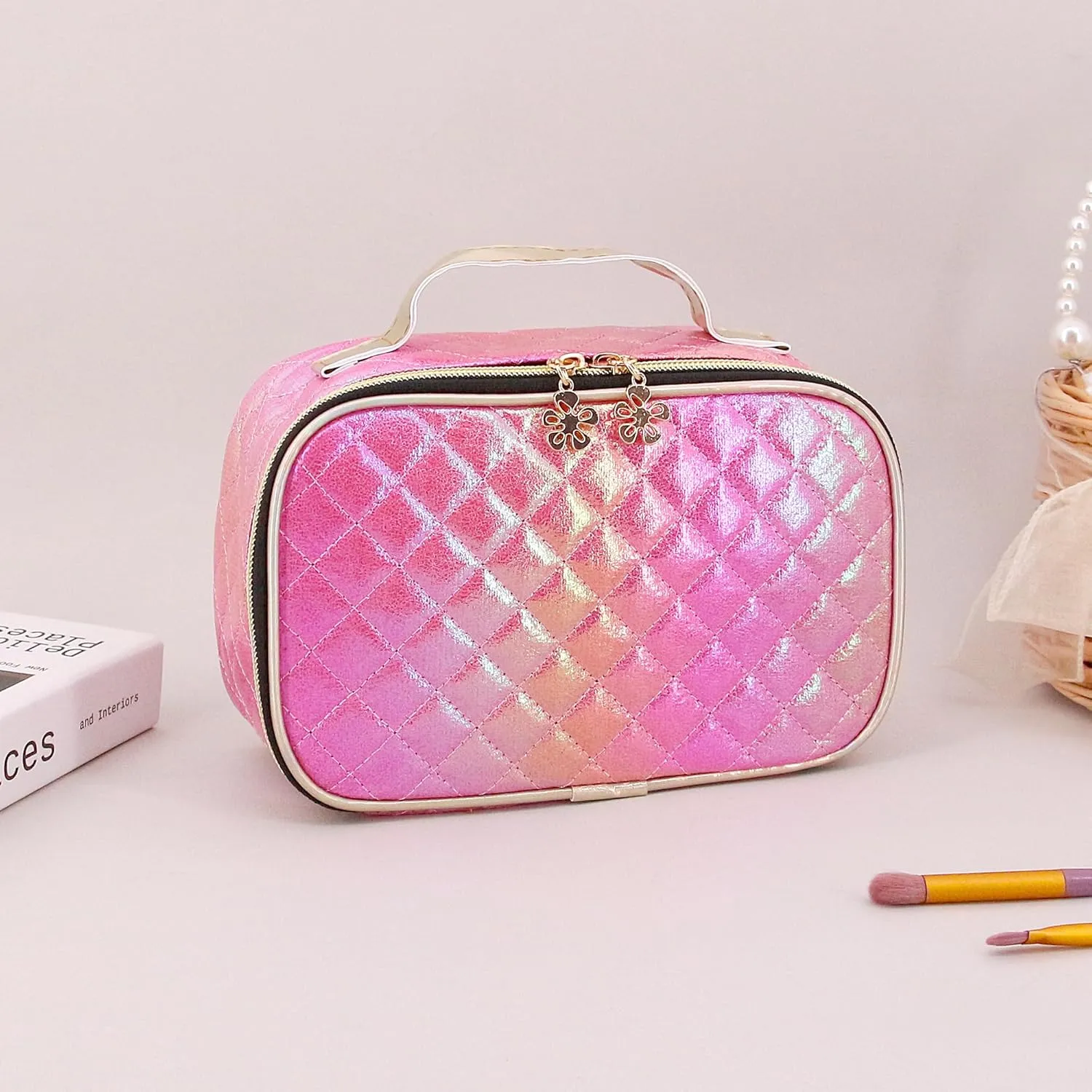 Naimo Metallic Cosmetic Bag Large Capacity Storage Bag Portable Travel Toiletry Bag Zipper Organizer Shiny Holographic Makeup Bag with Handle