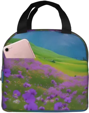 Nature Purple Flowers Meadow Mountain Scenic Print Lightweight Insulated Lunch Bag Beach Trips Work Hiking Camping Daily Organization