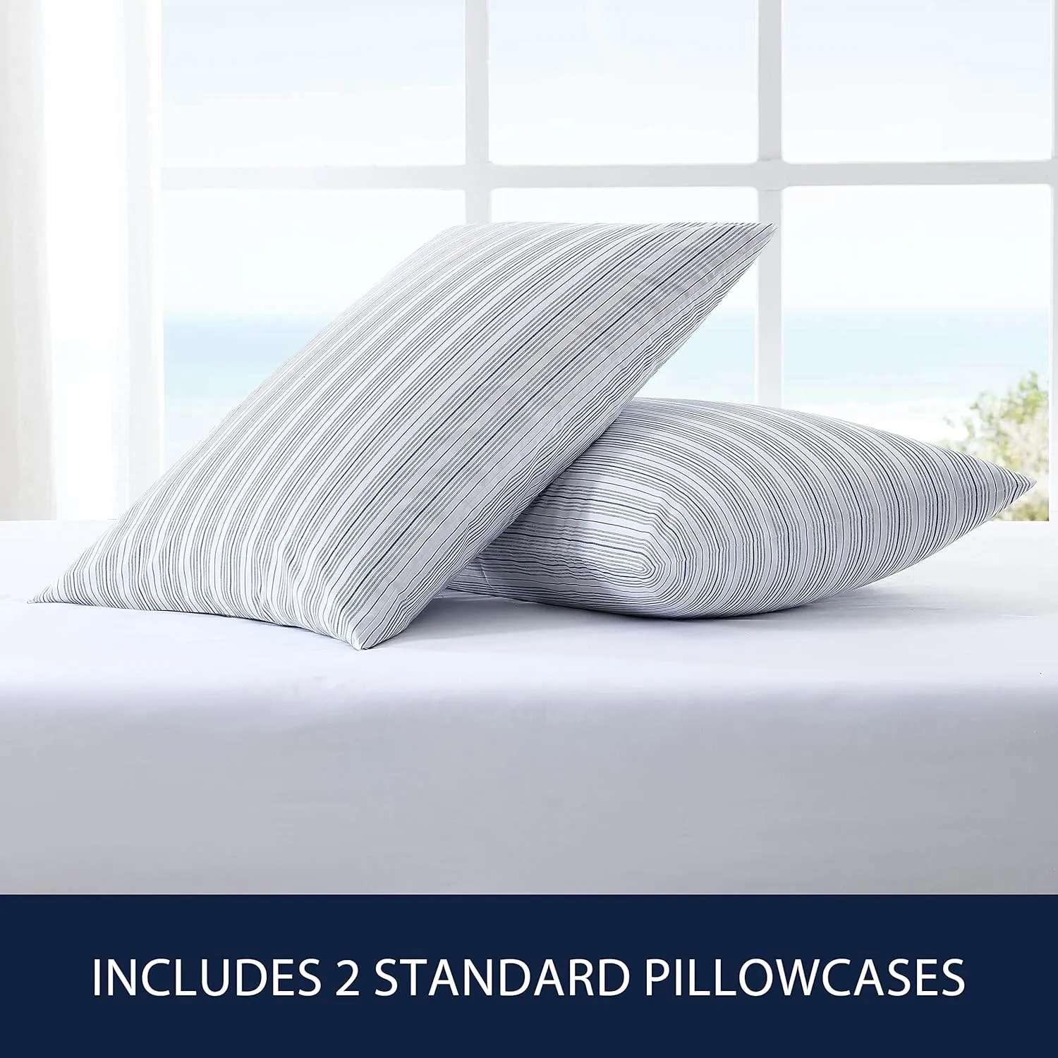 Nautica - Standard Pillowcase Set, Cotton Percale Bedding, Casual Home Decor (Beaux Stripe Blue, 2 Piece)