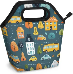 Neoprene Lunch Bags Build Cars Bus Lunch Tote Bag with Zipper Insulated Lunchbox Handbag for Women Reusable Lunch Box Cooler Bag Waterproof Lunch Sack Bag for Work Picnic
