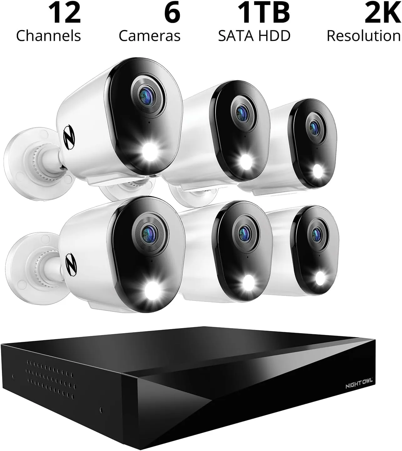 Night Owl 2-Way Audio 12 Channel DVR Video Home Security Camera System with (6) Wired 2K HD Indoor/Outdoor Deterrence Cameras and 1TB Hard Drive (Add up to 2 More Wired and 4 Wi-Fi Cameras)