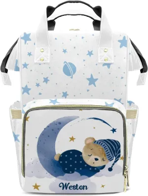 Night Sleeping Bear Personalized Large Capacity Diaper Bags,Custom Name Backpack Casual Daypack Bag Nappy Bag Gifts