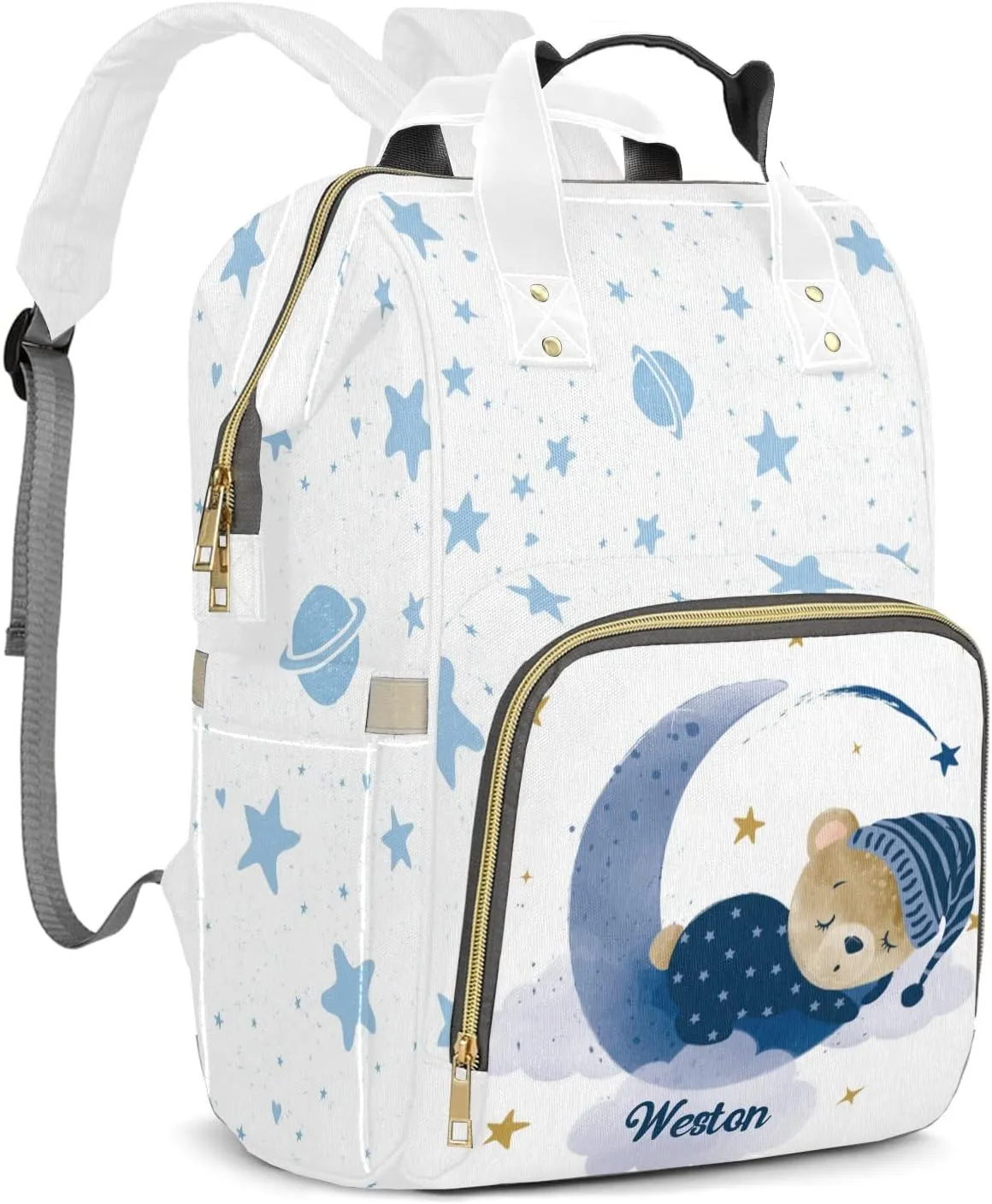 Night Sleeping Bear Personalized Large Capacity Diaper Bags,Custom Name Backpack Casual Daypack Bag Nappy Bag Gifts