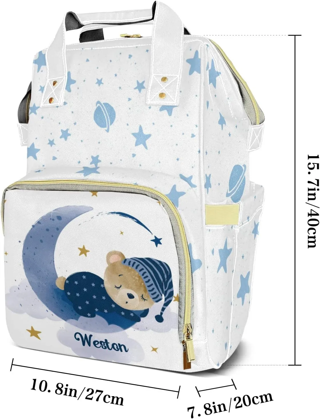 Night Sleeping Bear Personalized Large Capacity Diaper Bags,Custom Name Backpack Casual Daypack Bag Nappy Bag Gifts