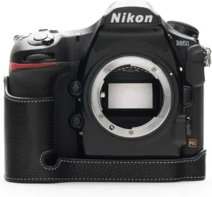 Nikon D850 Camera Case, BolinUS Handmade Genuine Real Leather Half Camera Case Bag Cover for Nikon D850 Camera Bottom Opening Version   Hand Strap (Black)