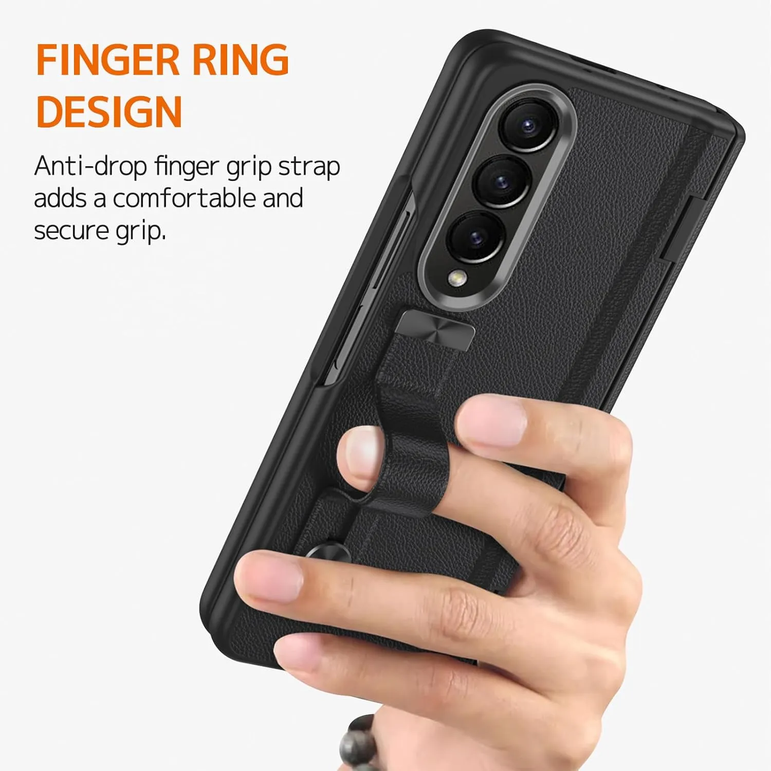 Ninki Compatible Samsung Galaxy Z Fold 3 Case with Strap & Screen Protector, Military Grade Protective Leather Hinged Case for Samsung Z Fold 3 Phone, Black