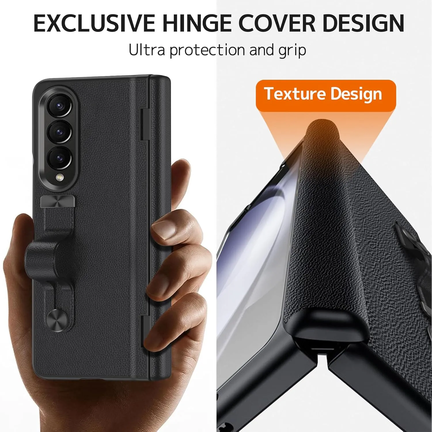 Ninki Compatible Samsung Galaxy Z Fold 3 Case with Strap & Screen Protector, Military Grade Protective Leather Hinged Case for Samsung Z Fold 3 Phone, Black