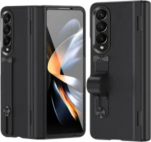 Ninki Compatible Samsung Galaxy Z Fold 3 Case with Strap & Screen Protector, Military Grade Protective Leather Hinged Case for Samsung Z Fold 3 Phone, Black