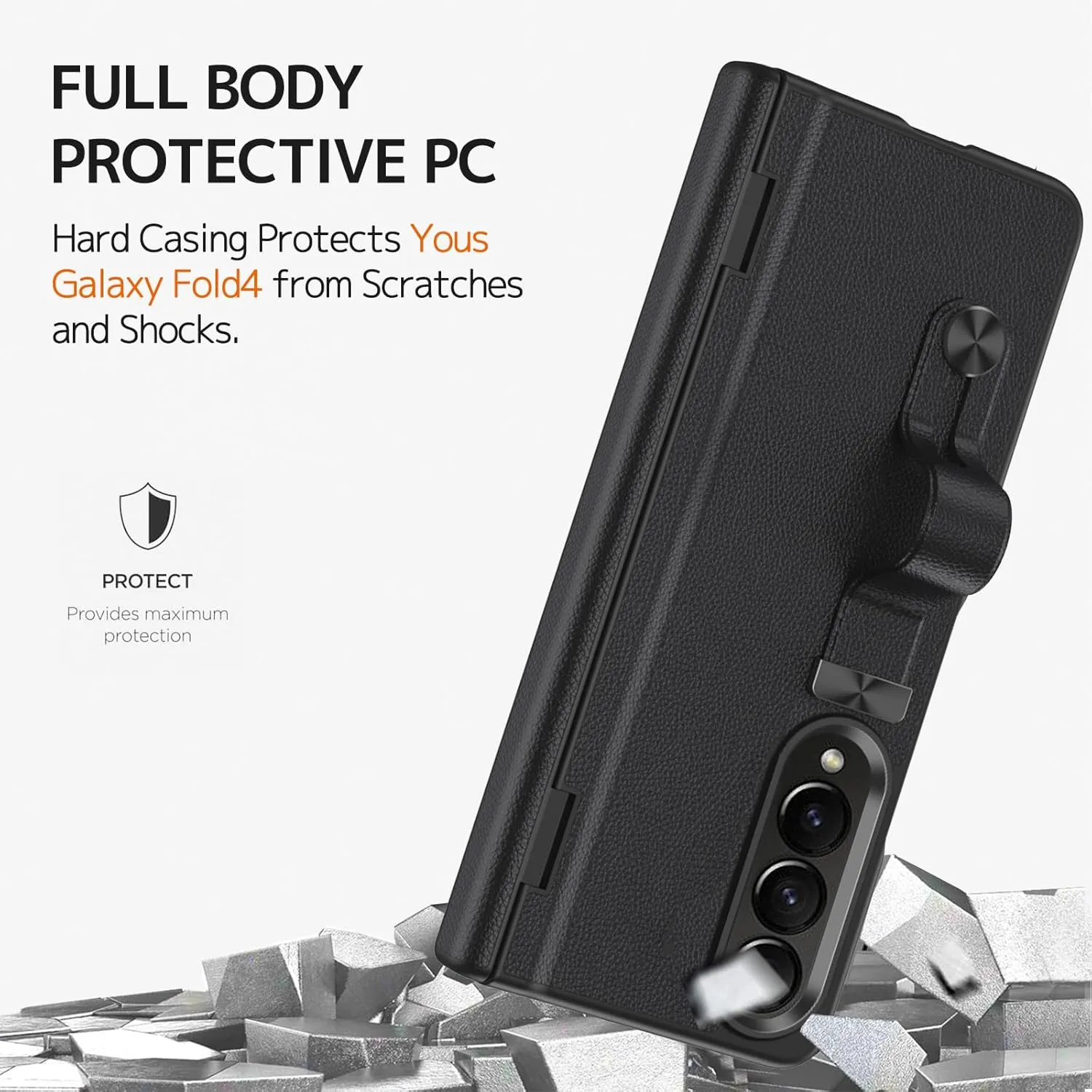 Ninki Compatible Samsung Galaxy Z Fold 3 Case with Strap & Screen Protector, Military Grade Protective Leather Hinged Case for Samsung Z Fold 3 Phone, Black