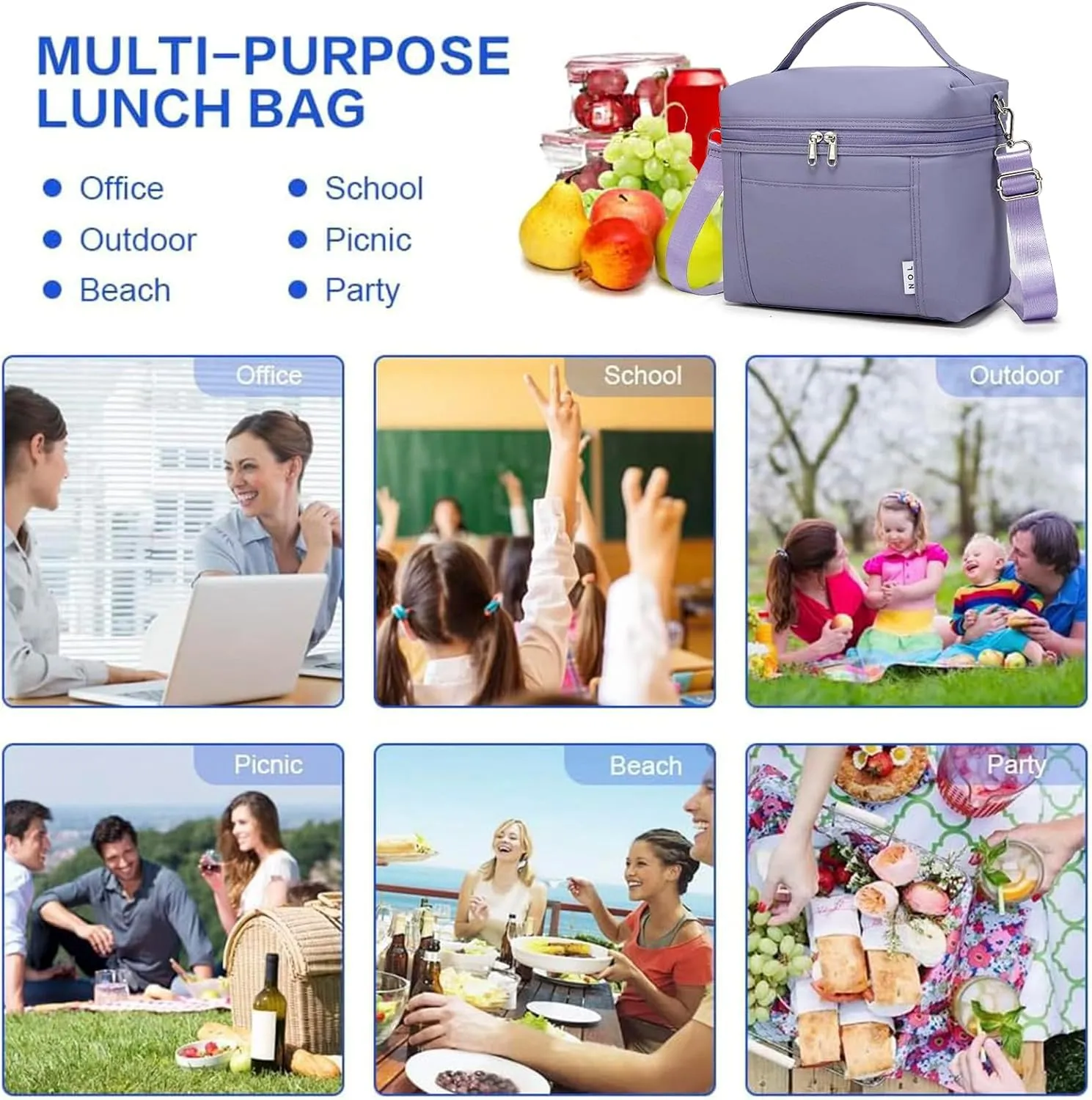 NOL Natural Organic Lifestyle Insulated Lunch Bags for Women Cooler Bag Lightweight Nylon Waterproof Lunch Box For Work (Small, Light purple)