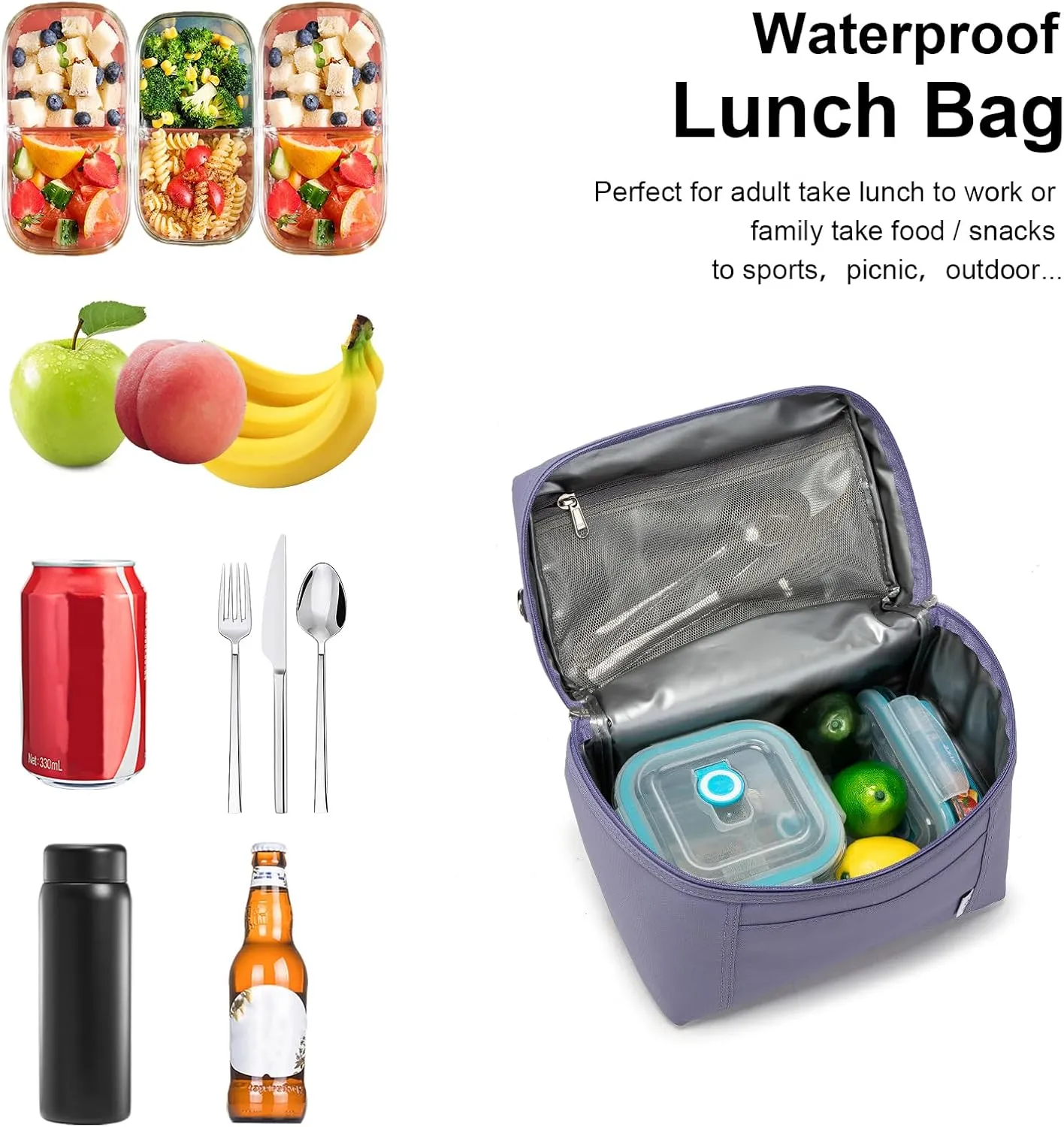 NOL Natural Organic Lifestyle Insulated Lunch Bags for Women Cooler Bag Lightweight Nylon Waterproof Lunch Box For Work (Small, Light purple)
