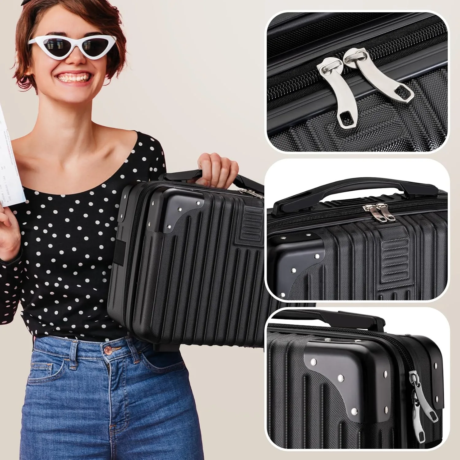 Noverlife 14 Inch Portable Hard Shell Cosmetic Travel Case, Mini Travel Hand Luggage with Elastic Band Travel Makeup Case, Small Makeup Carrying Suitcase for Train Cosmetic Bag Travel Camping - Black